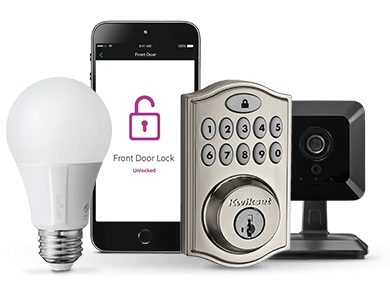 homelife equipment featuring smart bulb doorlock camera mobile phone with homelife app and door lock status on screen